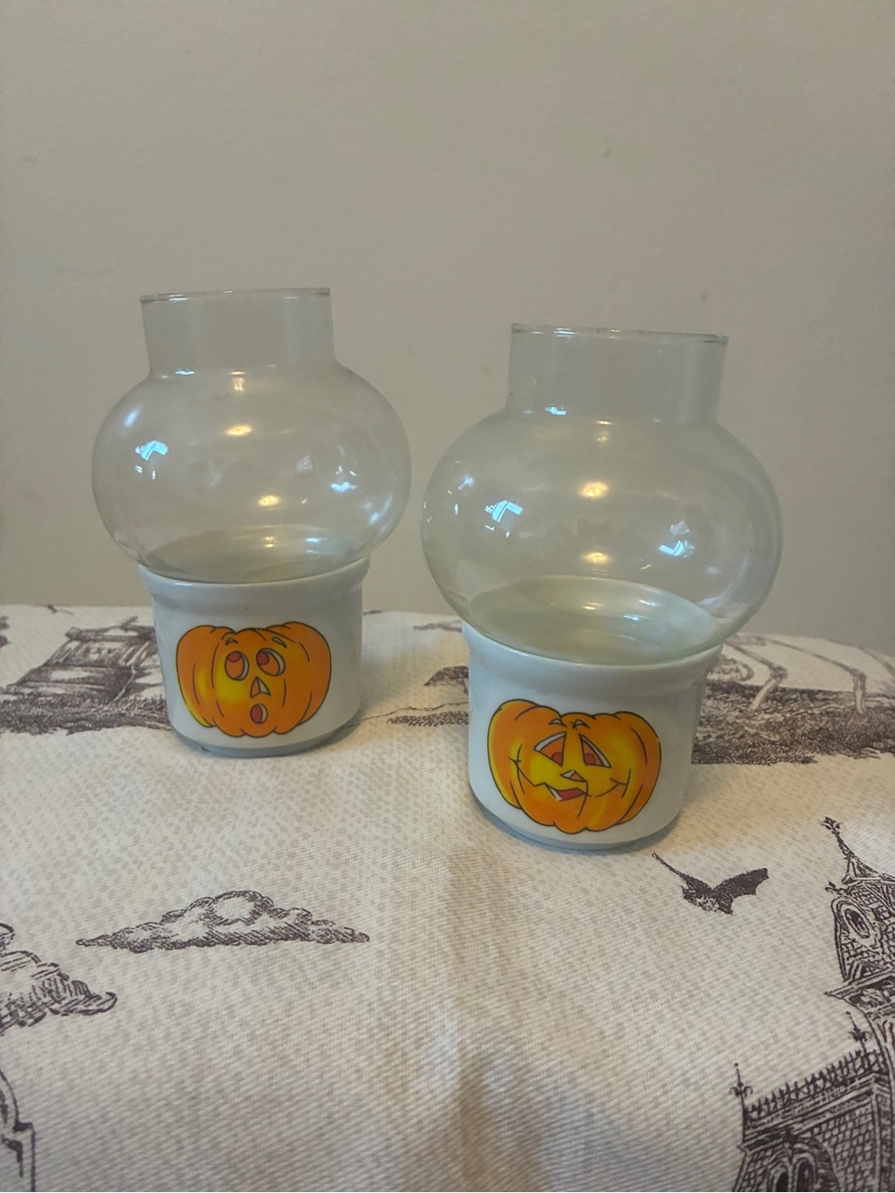Vintage Halloween Pumpkin Glass Hurricane Candle Holders